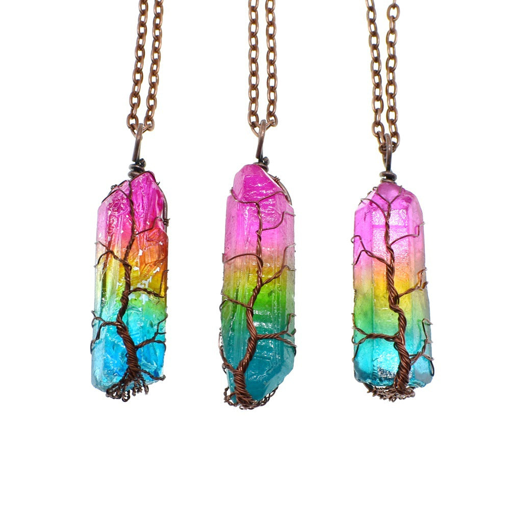 BlushBerry Stone Crystal Pillar Tree Of Life Pendant  Fashion Necklace