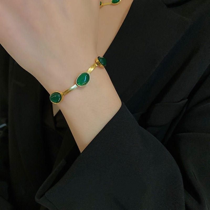 BlushBerry Oval Green Crystal Pendant Necklace Set With Bracelet
