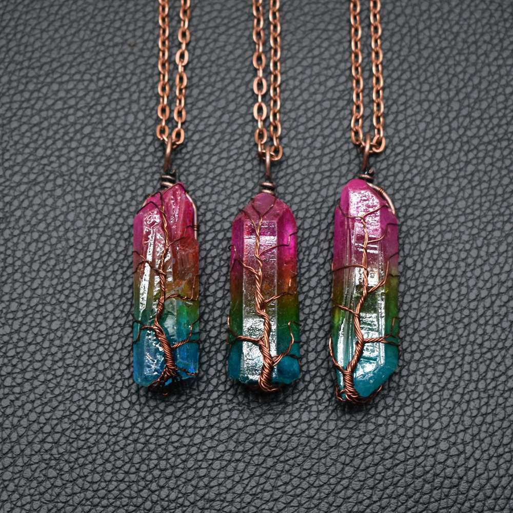 BlushBerry Stone Crystal Pillar Tree Of Life Pendant  Fashion Necklace
