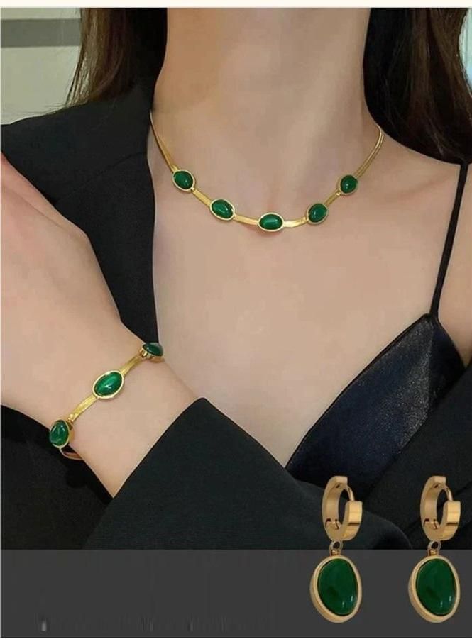 BlushBerry Oval Green Crystal Pendant Necklace Set With Bracelet