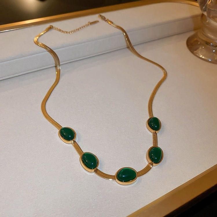 BlushBerry Oval Green Crystal Pendant Necklace Set With Bracelet