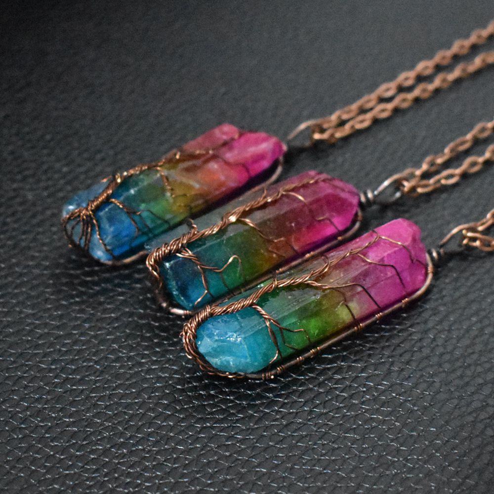 BlushBerry Stone Crystal Pillar Tree Of Life Pendant  Fashion Necklace