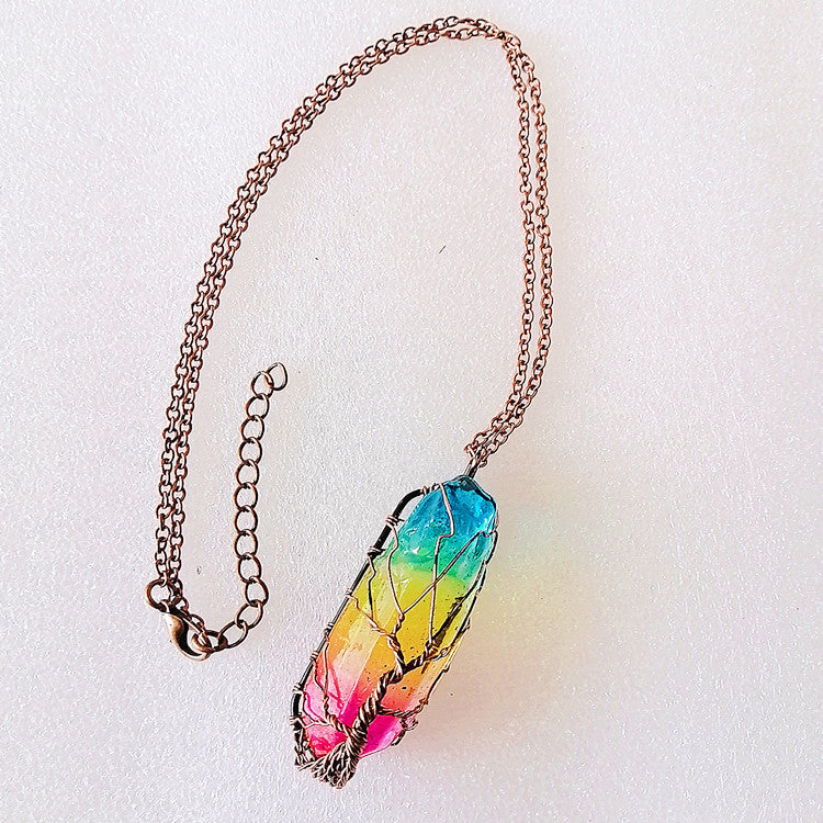 BlushBerry Stone Crystal Pillar Tree Of Life Pendant  Fashion Necklace